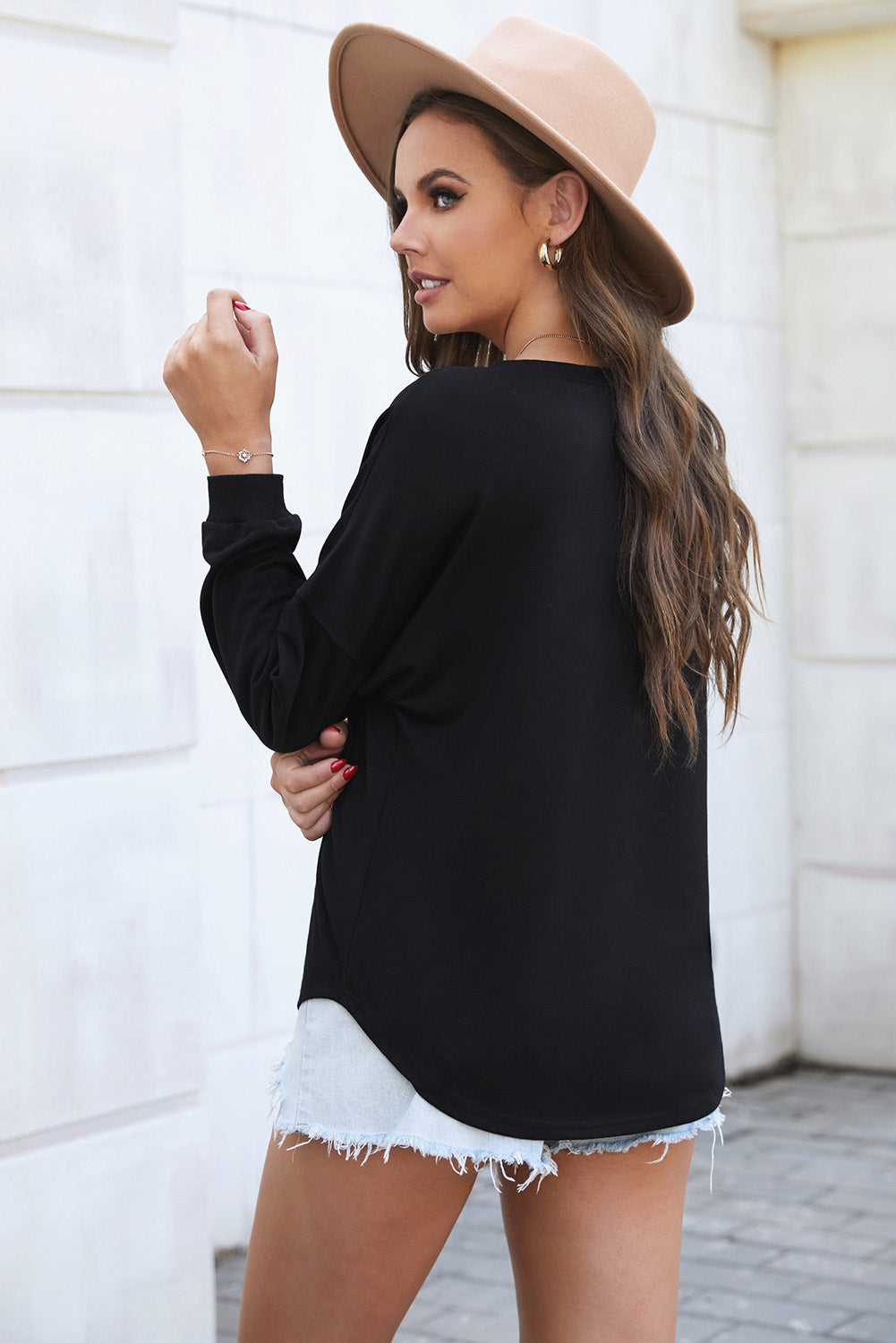 Button Detail Curved Hem Top