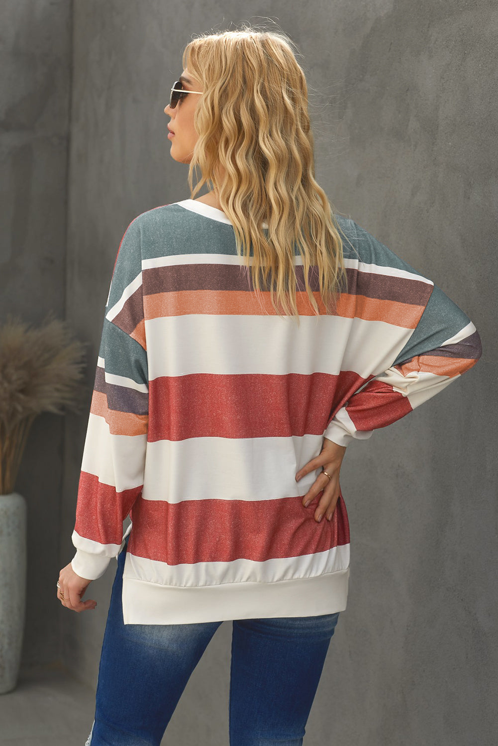 Multicolored Striped Lace-Up Dropped Shoulder Sweatshirt