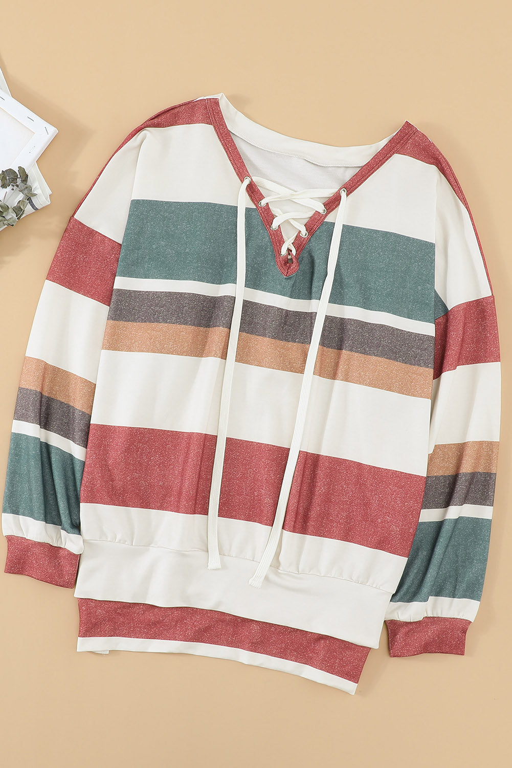 Multicolored Striped Lace-Up Dropped Shoulder Sweatshirt