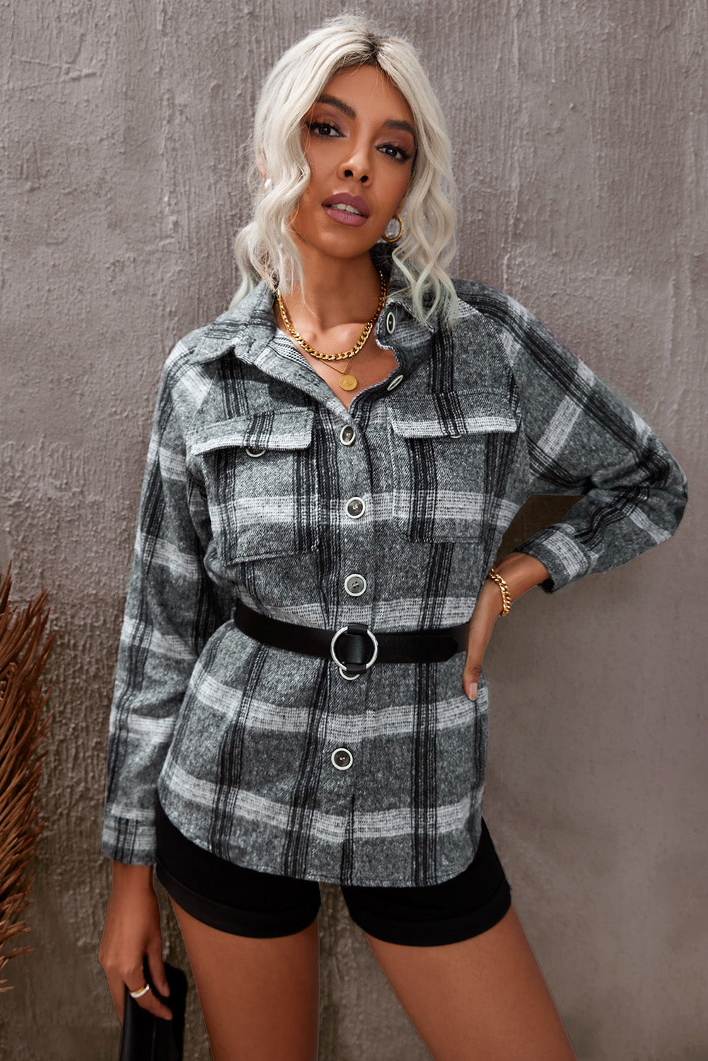 Plaid Raglan Sleeve Shirt Jacket with Breast Pockets