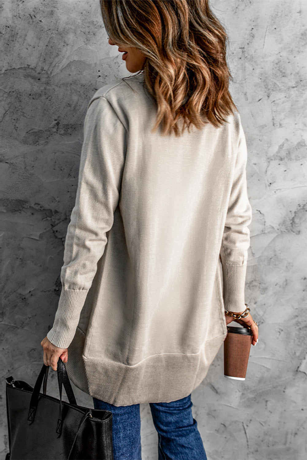 Long Sleeve Ribbed Hem Open Front Longline Cardigan