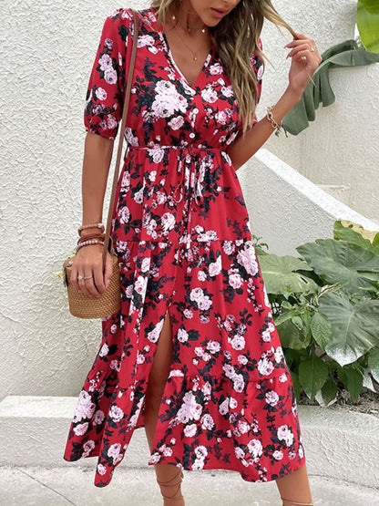 Floral Split Tie-Waist Dress