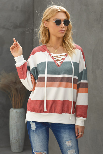 Multicolored Striped Lace-Up Dropped Shoulder Sweatshirt